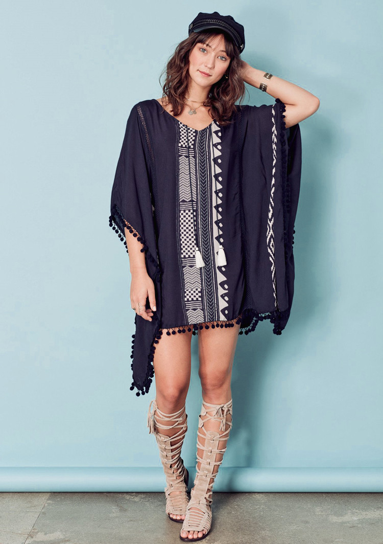 F4737-2 Black Boho Print Pom Pom Trim Tassel Tie Caftan Tunic